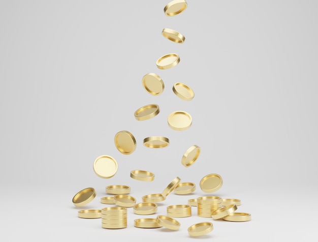 Goldmünzen fallen oder fliegen auf weißem Hintergrund. Jackpot- oder Casino-Poke-Konzept. 3D-Rendering.
