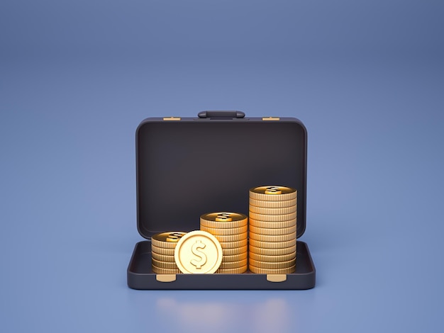 Goldmünzen in schwarzer Aktentasche auf grauem Hintergrund 3D-Rendering