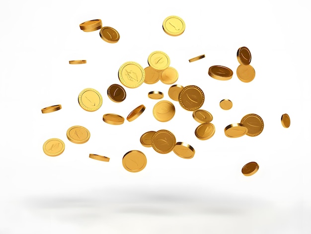 Goldmünzen sind auf einem weißen Hintergrund mit weißem Hintergrund verstreut
