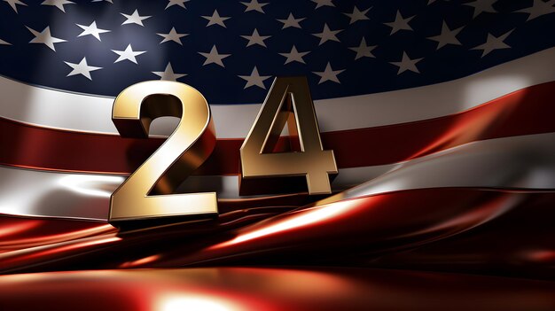 Goldne Neujahrszahlen aus dem Jahr 2024 auf der USA-Flagge Hintergrundkonzept der amerikanischen Präsidentschaftswahlen