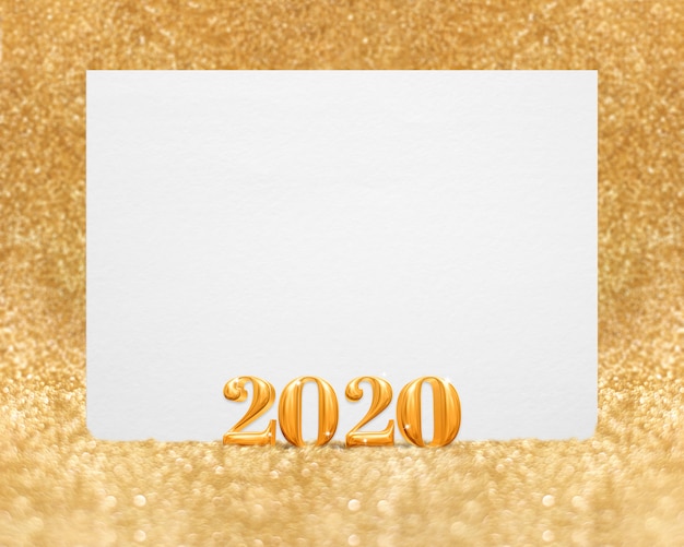 Goldneues Jahr 2020 (Wiedergabe 3d) mit leerer weißer Grußkarte im golend funkelnden Funkeln