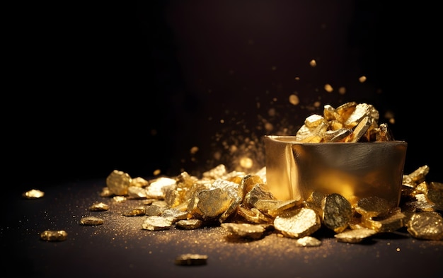 Goldnuggets und Goldstaub auf einem Schüsselhintergrund