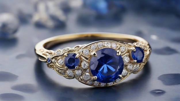 Goldring mit blauen Saphiren, Edelsteinen, Diamanten auf blauem Hintergrund