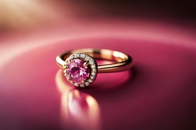 Goldring mit einem rosa Stein und Diamanten darauf