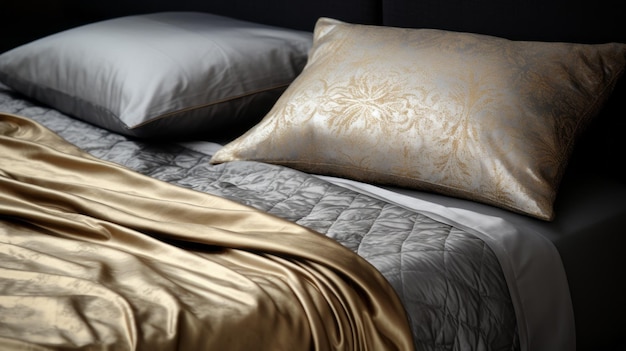 Goldsatin-Bettlaken auf schwarzem Bett, ein lebendiges und strukturiertes Bild