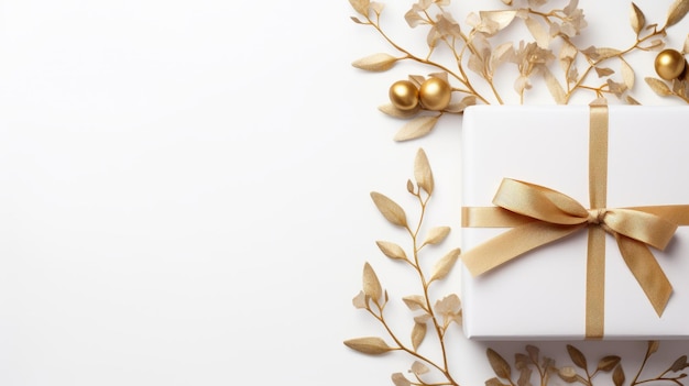 Goldschachtel und Goldschleifen sind wunderschön neben goldenen Blättern auf weißem Hintergrund angeordnet und sorgen für ein atemberaubendes Bild im minimalistischen Stil. Der Raum ist mit Weihnachtspunk und von der Natur inspirierten Stücken geschmückt