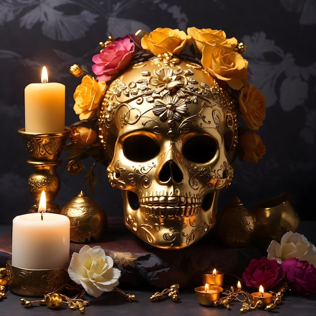 Goldschädel für dia de los muertos tag der toten mit kerzenblumen