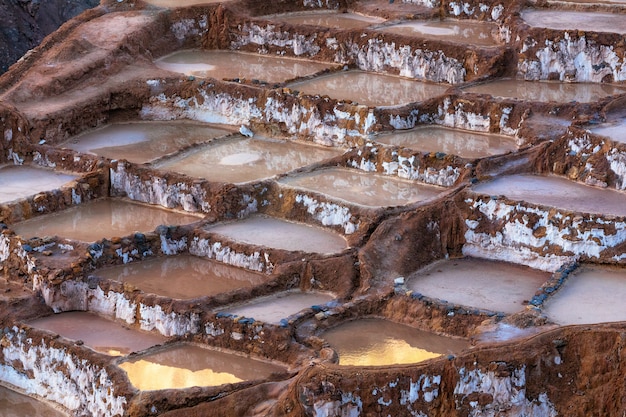 Goldsonnenlichtreflexion in den Salzpfannen von Maras, Salineras de Maras nahe Cusco in Peru