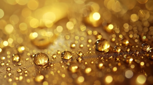 Goldtropfen auf einem dunklen Hintergrund Fragmente von goldener Flüssigkeit mit glänzenden Reflexionen