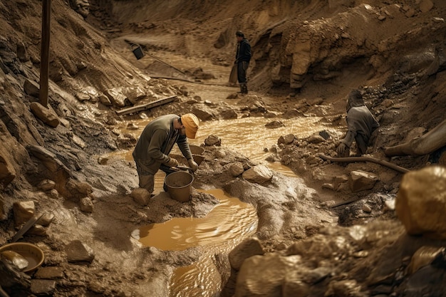 Goldwaschen Prospector sucht während des Goldrausches im Fluss nach Gold. Generative KI