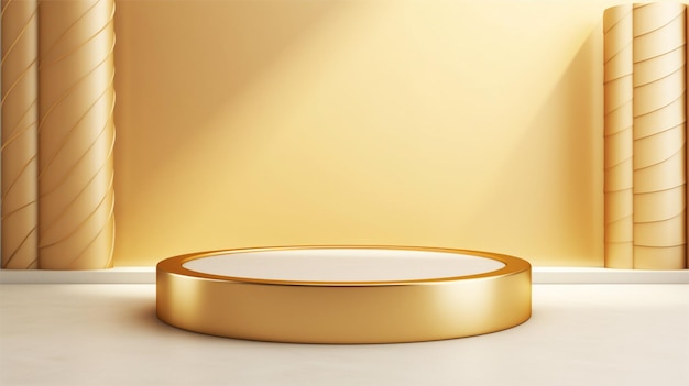 Goldweißes 3D-Vektorpodium für die Produktpräsentation mit Fensterschatten an der Wand mit goldenen