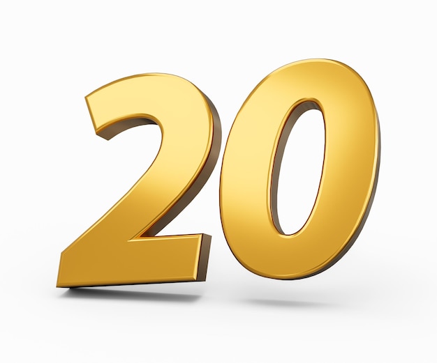 Goldzahl 20 Zwanzig isolierter weißer Hintergrund glänzende 3D-Nummer 20 aus Gold 3D-Darstellung