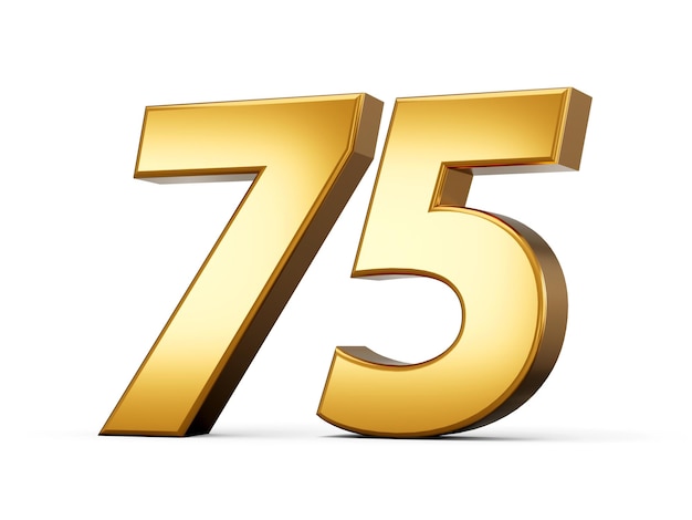 Goldzahl 75 Fünfundsiebzig isolierter weißer Hintergrund glänzende 3D-Zahl aus Gold 3D-Darstellung