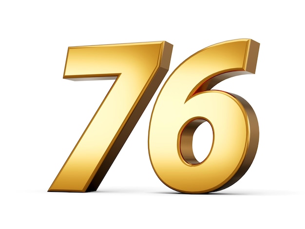 Goldzahl 76 Sechsundsiebzig isoliert weißer Hintergrund glänzende 3D-Zahl aus Gold 3D-Darstellung