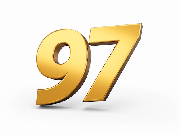 Goldzahl 97 Siebenundneunzig isoliert weißer Hintergrund glänzende 3D-Zahl aus Gold 3D-Darstellung