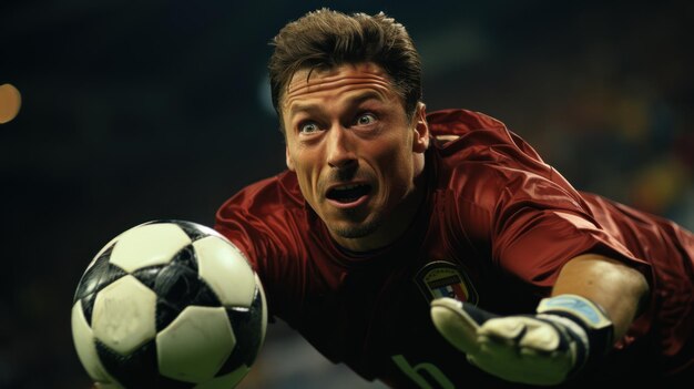 Goleiro de uniforme vermelho pega a bola no estádio durante um jogo de futebol