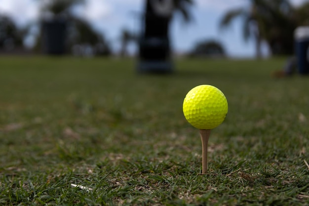 Golfball am Abschlag Geringe Schärfentiefe Ball im Fokus