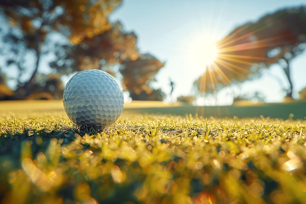 Golfball auf dem Rasen auf dem Golfplatz im Sommer bei Sonnenuntergang
