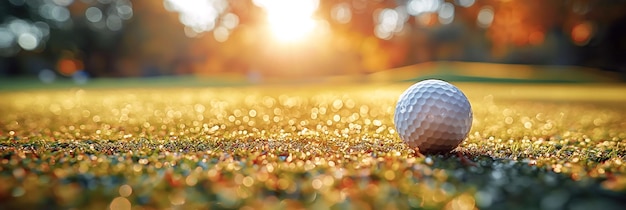 Golfball auf dem Rasen des Rasens auf dem Golfplatz im Herbst bei Sonnenuntergang in Nahaufnahme