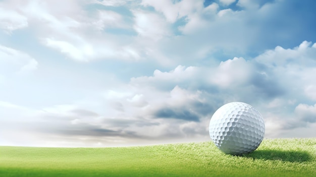 Golfball auf dem Rasen mit einem bewölkten Himmel im Hintergrund