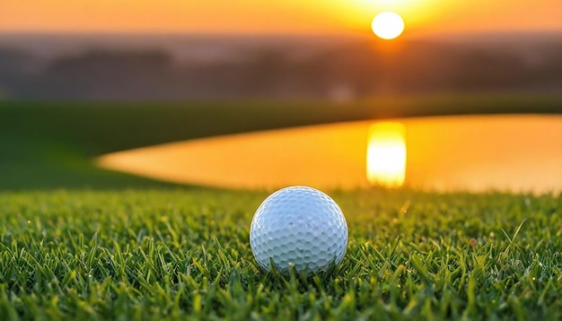 Golfball auf grünem Gras, Sonnenuntergang im Hintergrund