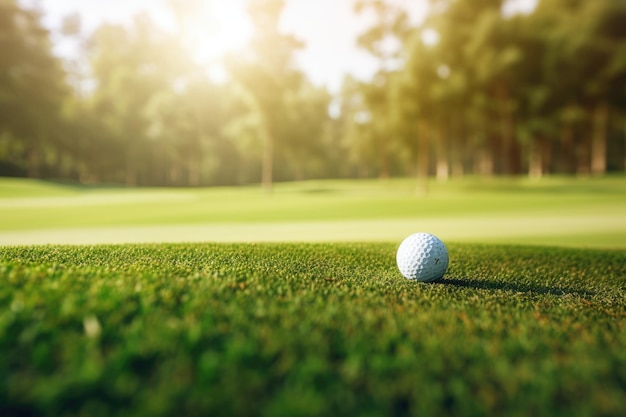 Golfball auf grünem Platz im Golfclub aus nächster Nähe Generative KI