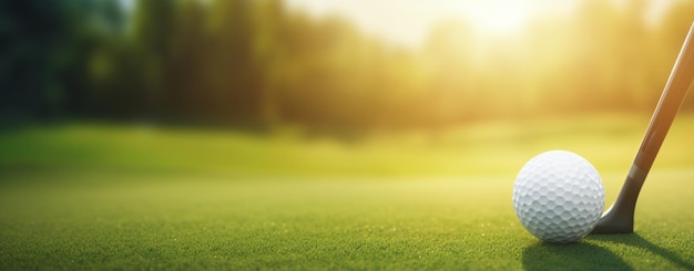 Golfball auf Tee und Golfknüppel mit fairwaygrünem Hintergrund