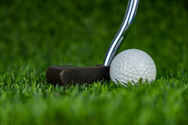 Golfball mit Putter auf grünem Gras