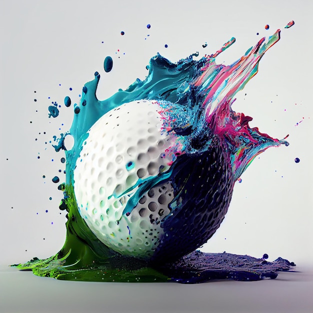 Golfball oder Golfball mit abstraktem Farbspritzer 3D-Darstellung