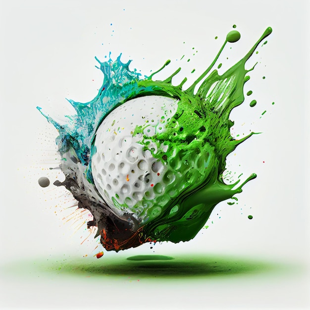 Golfball oder Golfball mit abstraktem Farbspritzer 3D-Darstellung