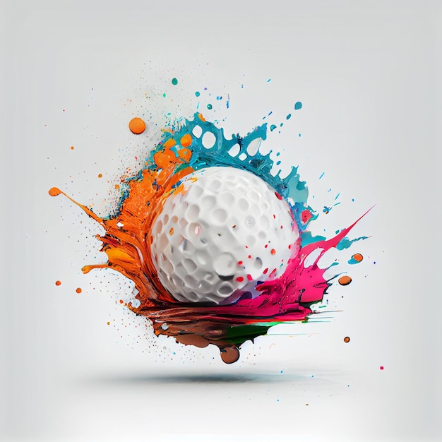 Golfball oder Golfball mit abstraktem Farbspritzer 3D-Darstellung