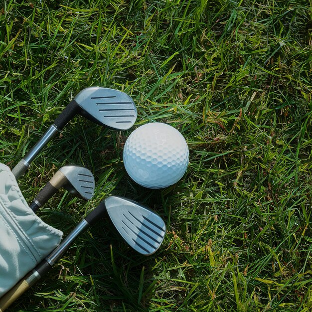 Golfball und Golfschläger in einer Tasche auf grünem Gras