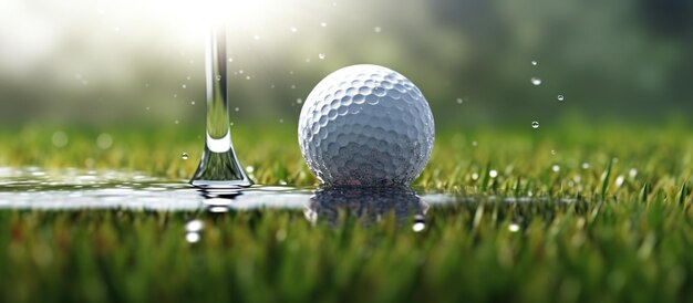 Golfball und Tau-Splash-Schlag mit einem Golfschläger auf dem grünen Feld