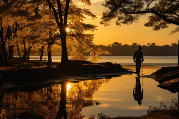 Golfer in der Serena-Szene bereitet den Schwung beim Sonnenuntergang vor