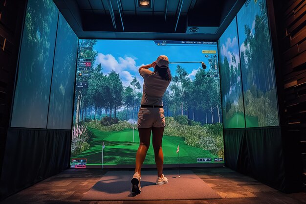 Foto golfer spielt golf in einem indoor-simulator, einem mixed-media-golf-simulator