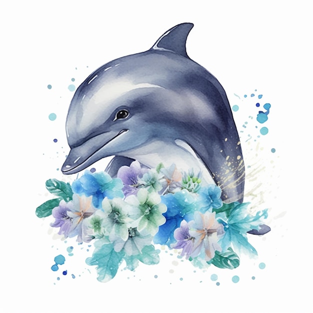 Golfinho com flores e salpicos de aquarela em fundo branco
