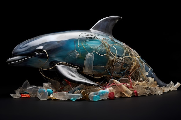 Golfinho com resíduos plásticos em fundo preto Conceito de poluição plástica Retratar os efeitos devastadores da poluição plástico na vida marinha, enfatizando a necessidade de IA Gerado