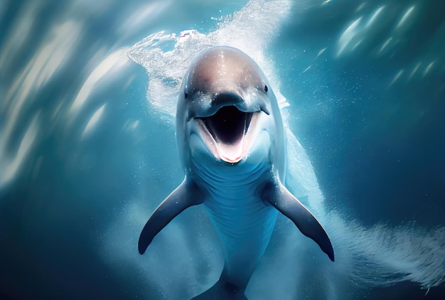 Golfinho feliz nadando no fundo do aquário ou do mar Vida marinha e conceito animal Ilustração de arte digital IA generativa