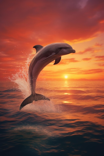 Golfinho pulando da água no fundo do pôr-do-sol