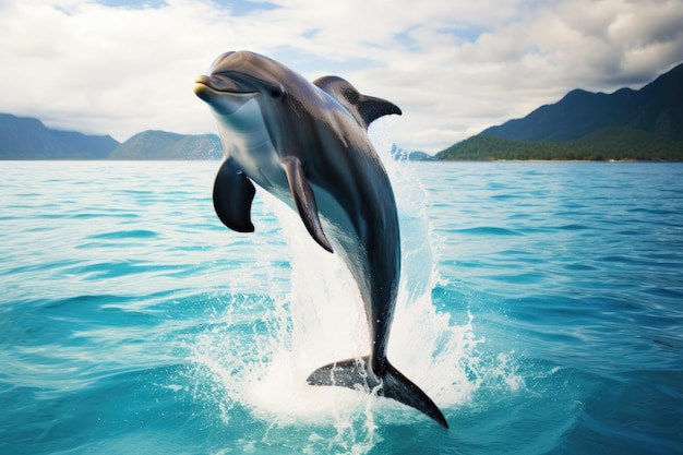 golfinhos alegres pulando de águas cristalinas desenho animado 3D golfinho brincalhão pulando de água turquesa cristalina com um céu azul brilhante Ai gerado