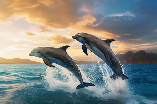 Golfinhos brincalhões gerados por IA pulando sobre ondas quebrando Cenário da vida selvagem do Oceano Pacífico do Havaí Animais marinhos em habitat natural