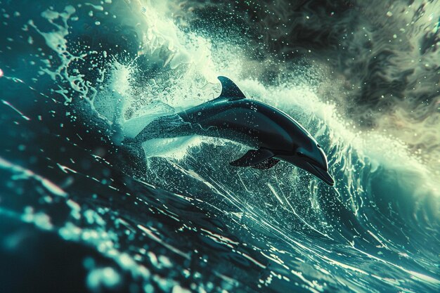 Golfinhos brincalhões saltando através de ondas fosforescentes
