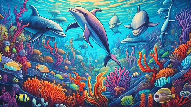 Foto golfinhos brincando no recife de coral generative ai