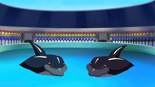 Golfinhos em uma ilustração Dolphinarium