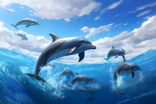 Golfinhos graciosos dançando sobre as marés por IA generativa