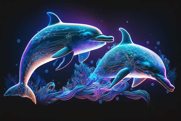 Golfinhos, peixes neon, ilustração brilhante, arte gerada por ai