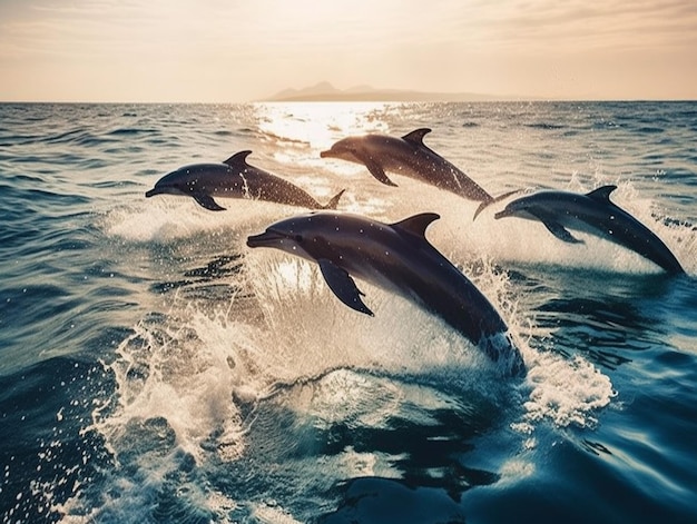 Golfinhos pulando fora da água ao pôr do sol