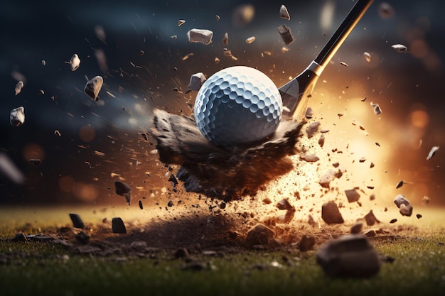 Foto golfista balancea un poderoso palo después de conducir la pelota por el curso