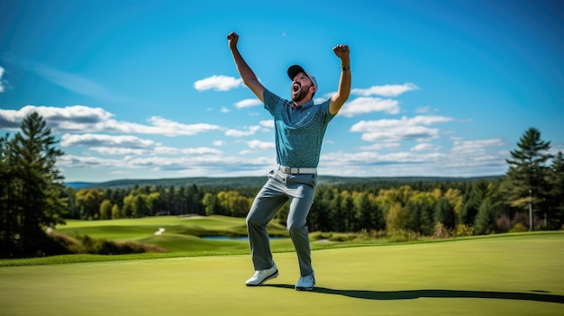 Foto golfista celebrando o putt de longa distância cena alegre e vibrante