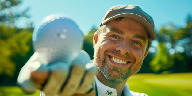 Foto golfista feliz segurando uma bola de golfe em um dia ensolarado no campo de golfe